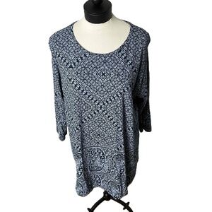 Lucky‎ Brand Blue Floral Paisley Pullover Long Sleeve Peasant Tunic Top Size 2X